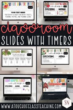 the classroom slides with timers are displayed on laptops and desktop computers, all in different