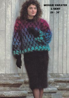 This pattern is from the 1980s and is a sweater with a honeycomb pattern and a ribbed skirt for sizes 26 to 38 inches. This pattern has instructions for 7 colours; however, it can be knitted with just 2 colours, there is a 2nd photo showing this option The pattern is for mohair yarn.  This is a PDF copy of a vintage knitting pattern. You receive a digital copy to print yourself. You do not receive the paper copy or anything else in the post. You will receive an email from Etsy as a receipt after Skirt Knitting Pattern, Colourful Sweater, Mohair Sweater Pattern, Jumper And Skirt, Fuzzy Sweater Outfit, Knit Skirt Pattern, Fuzzy Mohair Sweater, Ladies Cardigan Knitting Patterns, Knit Cardigan Pattern