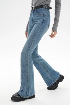 Redefine your denim days with our Skinny Denim Semi-Flare Jeans, a chic blend of vintage vibes and modern appeal.
These jeans feature a flattering high waist and a subtle flare that adds a dash of retro to any ensemble. Crafted from a comfortable mix of cotton, polyester, and spandex, the fabric offers enough stretch to hug your curves while providing long-lasting durability. The faded wash and classic blue hue make these jeans a timeless addition to your wardrobe.
Pair with a simple tee and sne Mid-rise Denim Blue Flares For Fall, Denim Blue Flare Jeans With Five Pockets, Denim Blue Straight Leg Flares For Fall, Fall Denim Blue Straight Leg Flares, High Rise Denim Flares For Fall, Casual Medium Wash Flares For Fall, Denim Flares With Five Pockets, Trendy Full-length Medium Wash Flares, Trendy Medium Wash Flares For Fall