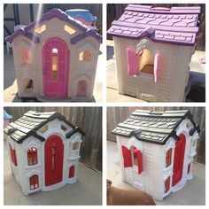 four different views of a doll house with pink and white trimmings on the roof