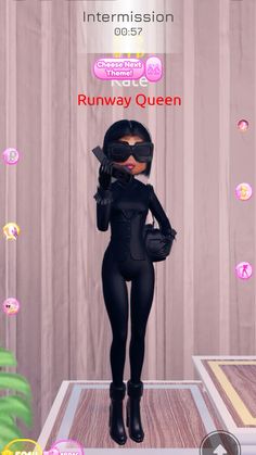 a woman in black catsuits standing next to a wall