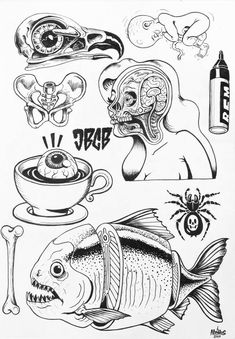 an ink drawing of different types of food and things in the shape of fishs