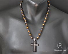 Cross Necklace & Natural Tiger Eye Black Lava Gemstone Protection Beaded Long Macrame Adjustable Necklace Gift For Men's Christmas Gift Gift Brown Jewelry With Black Beads, Brown Jewelry With Black Beads For Gift, Adjustable Cross Beaded Necklaces For Gifts, Spiritual Black Cross Beaded Necklace, Spiritual Handmade Onyx Beaded Necklaces, Onyx Beaded Necklaces For Meditation, Spiritual Onyx Bead Necklaces, Men Tiger Eye Necklace, Amber Teething Necklace