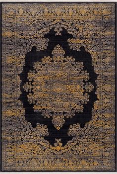 a black and gold rug with an intricate design