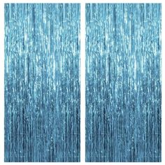 two panels of blue tinsel curtains with fringes on the sides and one panel closed