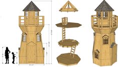 the plans for a wooden lighthouse are shown in three different positions, including two levels and one level