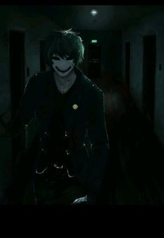 a creepy looking person with green hair in a dark hallway, wearing a black jacket and white face paint