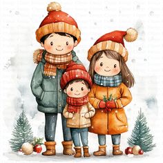 a watercolor painting of two people and a child in winter clothes standing next to each other