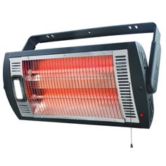 an electric heater with red light on it's front and side panels