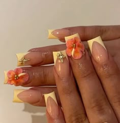 Yellow French Tip Nails, Nails With 3d Flowers, Yellow French Tip, Ac New Leaf, French Tip Acrylic Nails