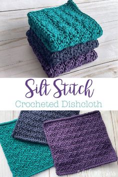 three crocheted dishcloths are stacked on top of each other in different colors