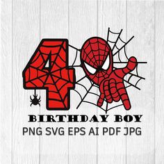 a spiderman birthday shirt with the number four on it's chest and an inscription for