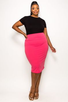 Techno Crepe fabrication Elastic waist Medium weight and stretchy fabric Made in USA w/ Imported Materials 95% Polyester 5% Spandex Machine wash cold, tumble dry low Pencil Skirt Black, Fashion Plus Size, Skirt Black, Curvy Fashion, Stretchy Fabric, Medium Weight, Pencil Skirt, Fashion Forward, Made In Usa