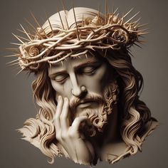 a statue of jesus wearing a crown of thorns with his hands under his chin