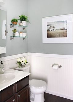 a white toilet sitting next to a bathroom sink under a framed picture on the wall