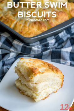 butter swim biscuits on a white plate with a baking pan in the background and text overlay