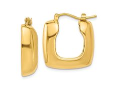 14k yellow gold polished square hoop earrings. Measure approximately 7/8"L x 1/4"W and have saddleback backings. Square Yellow Gold Jewelry With Polished Finish, Contemporary Rectangular Gold Jewelry, Rectangular Yellow Gold Hoop Earrings For Anniversary, Yellow Gold Rectangular Hoop Earrings For Anniversary, Classic Square Yellow Gold Earrings, Classic Rectangular Yellow Gold Huggie Earrings, Yellow Gold Rectangular Hoop Earrings, Tarnish Resistant, Classic Yellow Gold Rectangular Huggie Earrings, Rectangular Yellow Gold Huggie Earrings