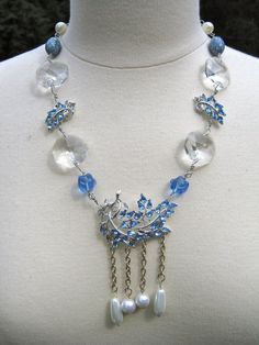 SALE - Vintage Blue Rhinestone Statement Necklace, Wedding, Jennifer Jones, Silver, Crystals, OOAK, Blue Dangle Necklaces For Wedding, Wedding Crystal Pendant Necklaces With Jewels, Wedding Costume Jewelry Crystal Necklaces, Wedding Crystal Pendant Necklace With Jewels, Blue Crystal Necklaces For Wedding, Blue Crystal Necklace For Wedding, Blue Costume Jewelry Necklaces For Wedding, Blue Jeweled Wedding Jewelry, Sterling Silver Crystal Pendant Necklace For Wedding