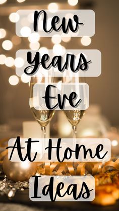 a gold background with twinkly lights and gold christmas balls and ribbon on the table with two champagne glasses. There is black font with white background that says new years eve at home ideas Nye At Home Couples Ideas, New Years Eve For Couples, Nye At Home Couples, At Home Ideas For Couples, Home Ideas For Couples, At Home Party Ideas, Happy New Year Ideas, New Years Eve At Home, Nye Traditions