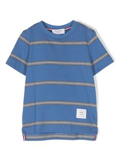 light blue cotton jersey texture logo patch to the side horizontal stripe pattern crew neck short sleeves side slits high-low hem Striped Tshirt, Texture Logo, Pinterest Closet, Swaggy Outfits, Boys Top, Thom Browne, Boys Shirts, Boys T Shirts, Stripes Pattern