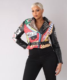 For Her NYC 81767 1 Piece Sassy Graffiti Leather Jacket Color: Black Multi Sizes: S, M, L, XL, 1X, 2X Motto Jacket, Mobile Boutique, Plus Size Boutique, Vegan Leather Jacket, Fashion Boutique, Multi Colored, Plus Size Fashion, Vegan Leather, Graffiti