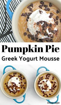 pumpkin pie greek yogurt mousse with chocolate chips and whipped cream on top