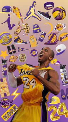 an image of a basketball player surrounded by stickers and confetti on purple background