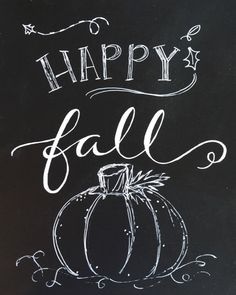 a chalkboard sign with the words happy fall written in white ink on a black background