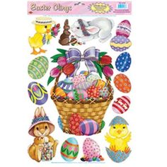 a sticker with an image of easter eggs in a basket and other decorations on it