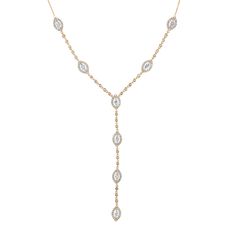 Showcase your elegant style with this lariat necklace from the REEDS Exclusive ECONIC Diamond Collection. Crafted in 14k yellow gold, this necklace features sparkling marquise lab grown diamonds accented with round lab grown diamonds. The diamonds are 3ctw, H in color and VS2 in clarity. This necklace is adjustable and can be worn 16 inches or 18 inches in length. REEDS exclusive ECONIC Diamonds are lab grown in a technologically advanced facility, allowing us to offer laboratory created diamond Luxury Yellow Gold Lariat Necklaces, Luxury Yellow Gold Fine Jewelry Drop Necklace, Luxury Dazzling Lab Grown Diamond Necklace, Anniversary Diamond Lariat Necklace, Yellow Gold Dangle Backdrop Necklace, Yellow Gold Lariat Backdrop Necklace For Formal Occasions, Diamond Drop Necklace, Gold Lariat Necklace, Wedding Day Jewelry