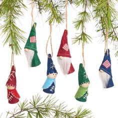 christmas ornaments hanging from a pine tree in the shape of gnome's hats on white background