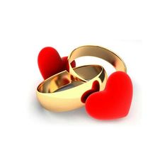 two gold wedding rings with red hearts on the side and one in the shape of a heart