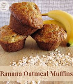 some banana oatmeal muffins are stacked on top of each other