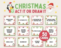 printable christmas act it or draw it cards with santa claus, penguin and snowman