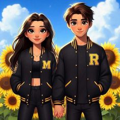 two people standing next to each other with sunflowers in the background