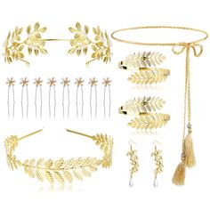 PRICES MAY VARY. ✨FUN ADDITION TO A TOGA✨ You will receive 1 piece of leaf headband, 1 gold leaf crown, 1 tassel dress belts, 2 gold leaves bracelet, 8 piece of hair clips, 1 pair of pearl earring in total, a good combination for your accessories. 🎈DURABLE MATERIAL🎈 The goddess costume jewelry set is is mainly made of alloy material, durable and bright enough, not easy to be broken, shining your beauty and making you catch the eyes in the crowd easily. Please check the picture for the detailed Goddess Costume Accessories, Leaves Crown, Hair Headpiece, Gold Leaf Crown, Medusa Costume, Headpiece Hairstyles, Toga Party, Waist Belt Women, Greek Goddess Costume