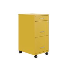 a yellow filing cabinet sitting on top of a white wall