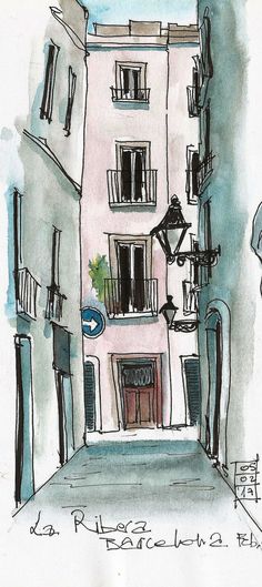 a drawing of an alleyway in the french riviere with buildings and street lights