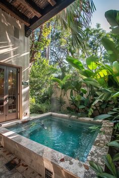 an outdoor swimming pool surrounded by greenery