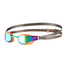 a pair of swimming goggles with an orange, green and blue mirror on the side