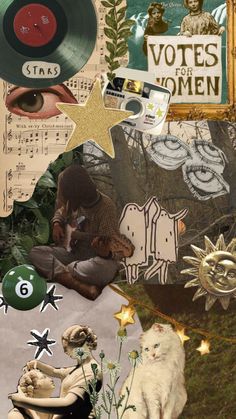 collage of various images with cats, stars, and other things in the background