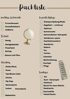 a checklist with an image of a globe and the words,'packing list '