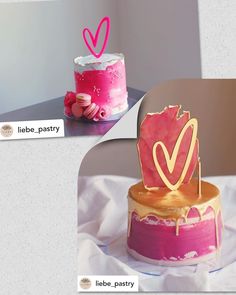 two cakes decorated with pink and gold icing