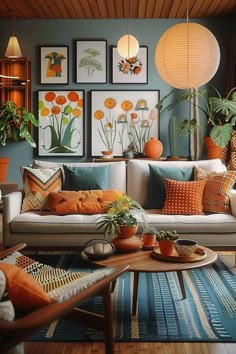 a living room filled with furniture and pictures on the wall above it's coffee table