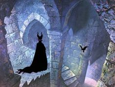 an animated image of a man in a black cloak and crown standing at the entrance to a castle