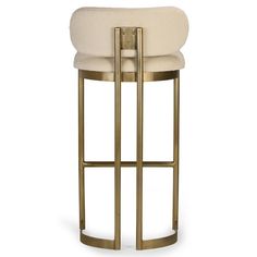 a gold metal stool with a white upholstered seat and round backrests