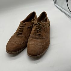 Brown Leather Oxford Shoes Size 8 1/2, Never Worn! Brown Suede Dress Shoes With Flat Heel, Casual Medium Width Oxfords With Round Toe, Casual Suede Oxfords With Round Toe, Casual Brogue Dress Shoes With Closed Toe, Spring Suede Oxfords With Round Toe, Suede Dress Shoes With Round Toe, Casual Suede Dress Shoes With Flat Heel, Casual Leather Shoes With Brogue Detailing And Almond Toe, Casual Suede Closed Toe Dress Shoes