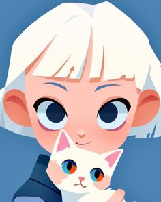 an anime character holding a white cat with big blue eyes and blonde hair, in front of a blue background