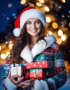 a woman wearing a santa hat holding presents