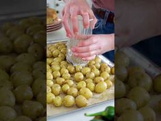 two pictures one shows olives and the other shows how they are being prepared to cook